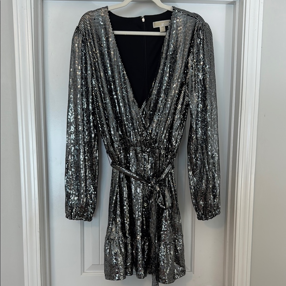 Michael Kors Silver Sequin Wrap Dress with Bishop Sleeves